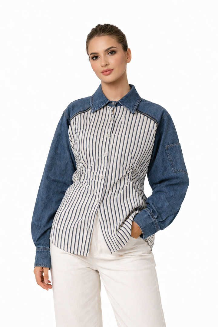 Striped Denim Panel Shirt with Cinched Waist – NOVA