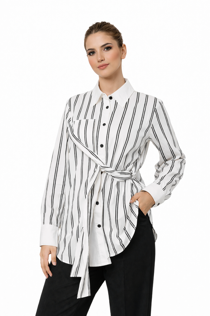Striped Wrap Shirt with Waist Tie – ABDALLUH