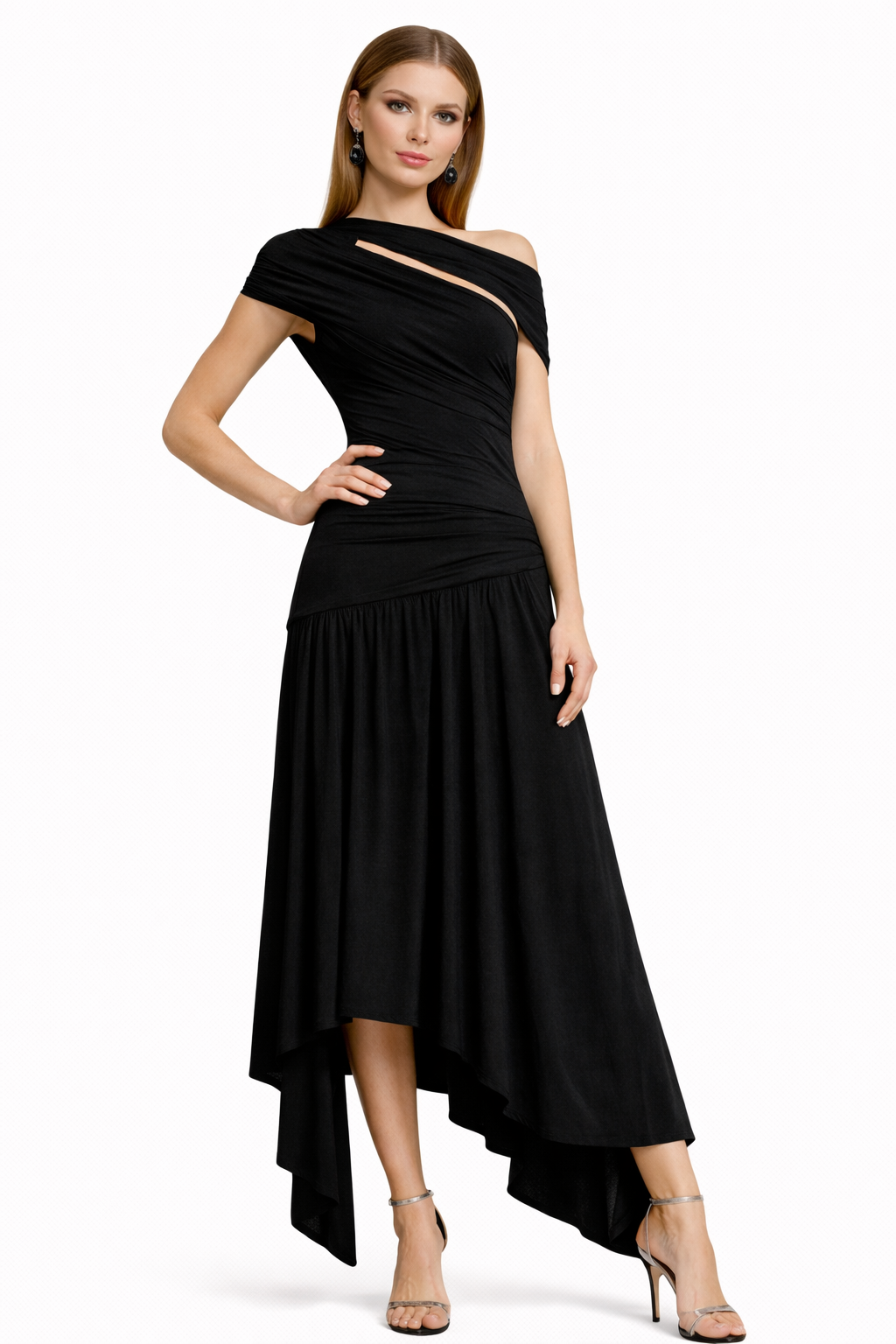 asymmetric ruched evening dress with draped neckline – VEIL