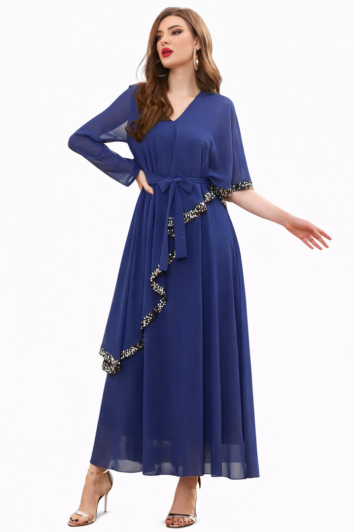 Elegant Long Sleeve Maxi Dress with Waist Tie – RAYEN
