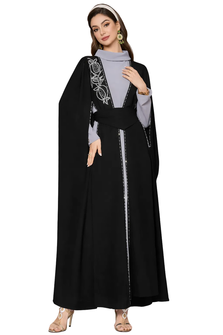 Embroidered Open Abaya with Inner Dress and Waist Belt – NOURA