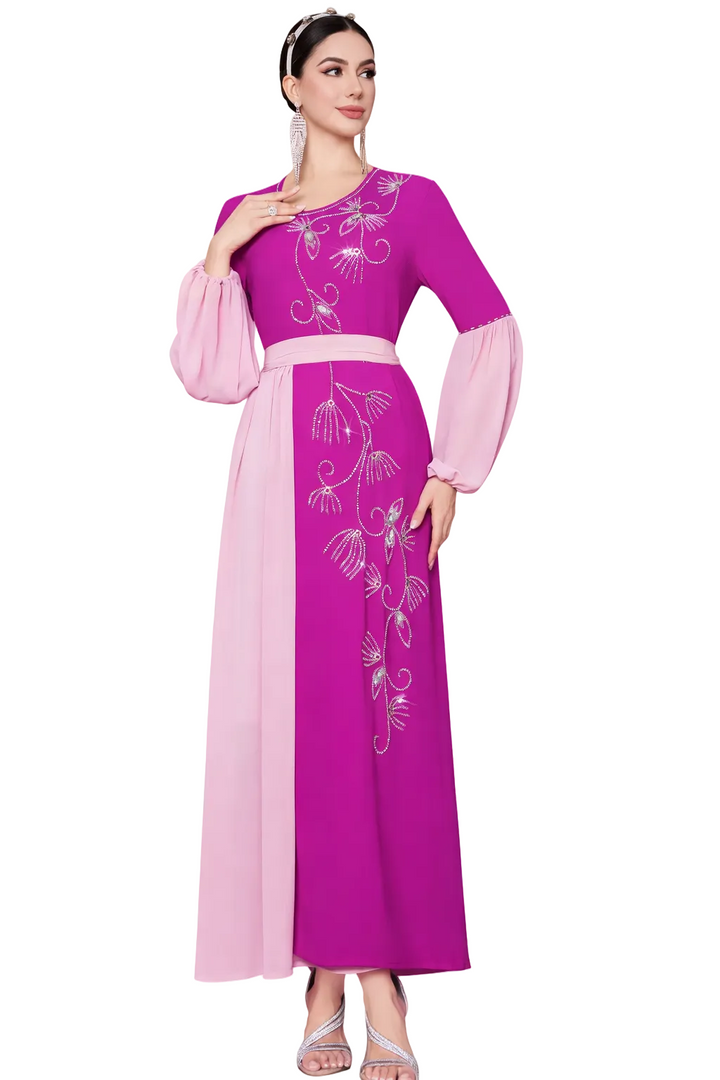 Embroidered Color-Block Maxi Dress with Chiffon Sleeves – VIOLETTE