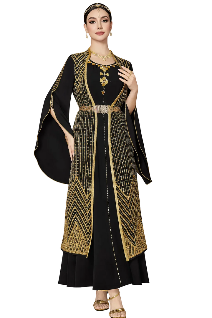 Luxury Embroidered Open Abaya with Gold Detailing – ZAHRA
