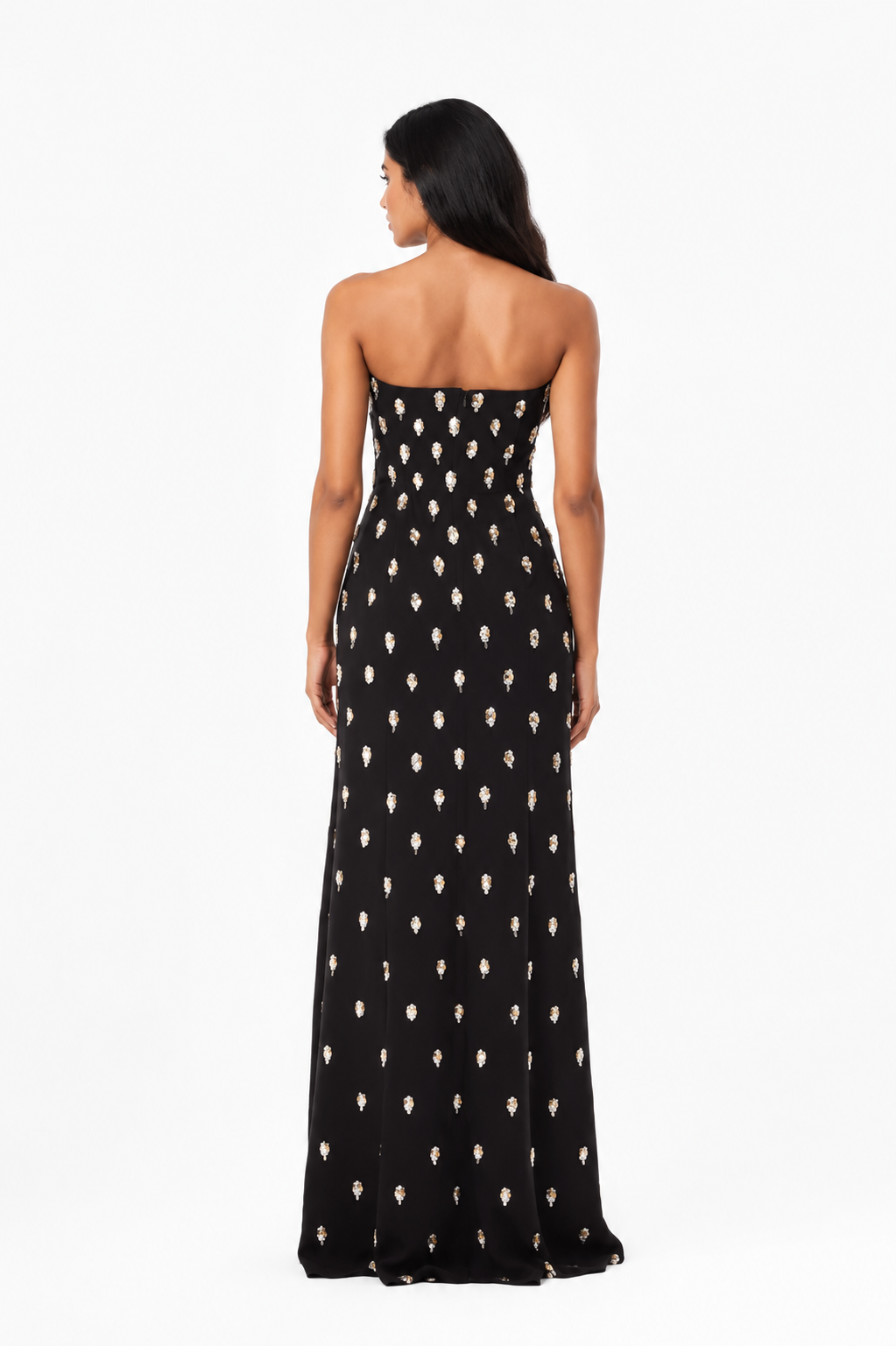 long-sleeve column gown with gold motif embellishments – SERAPHINE