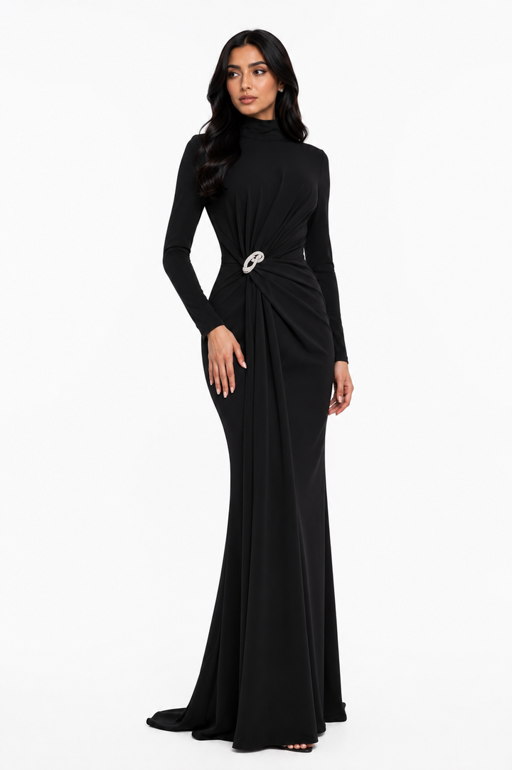 high-neck draped gown with crystal brooch – SERENA-1
