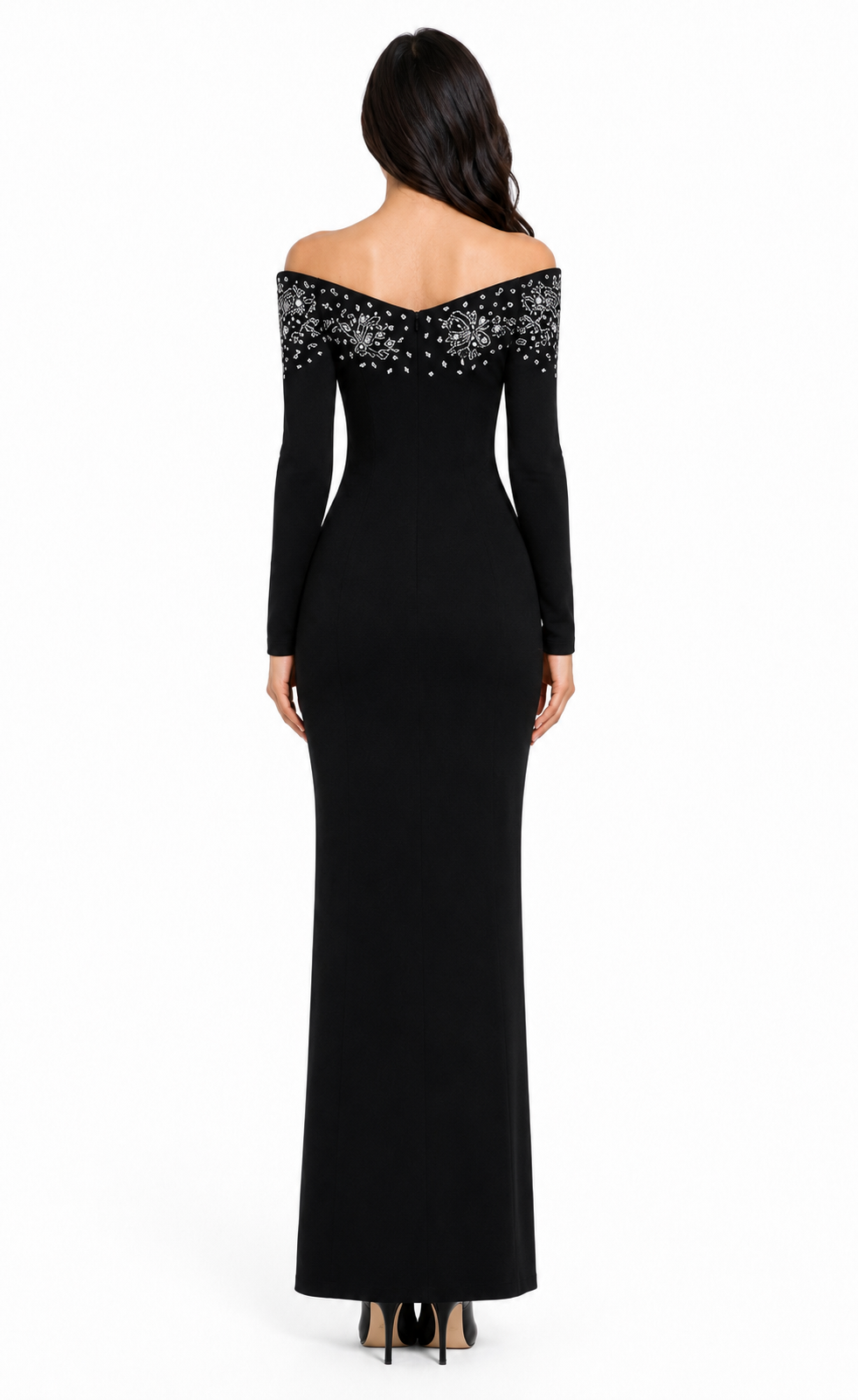 embellished cold-shoulder evening gown with beaded neckline – LYRSA