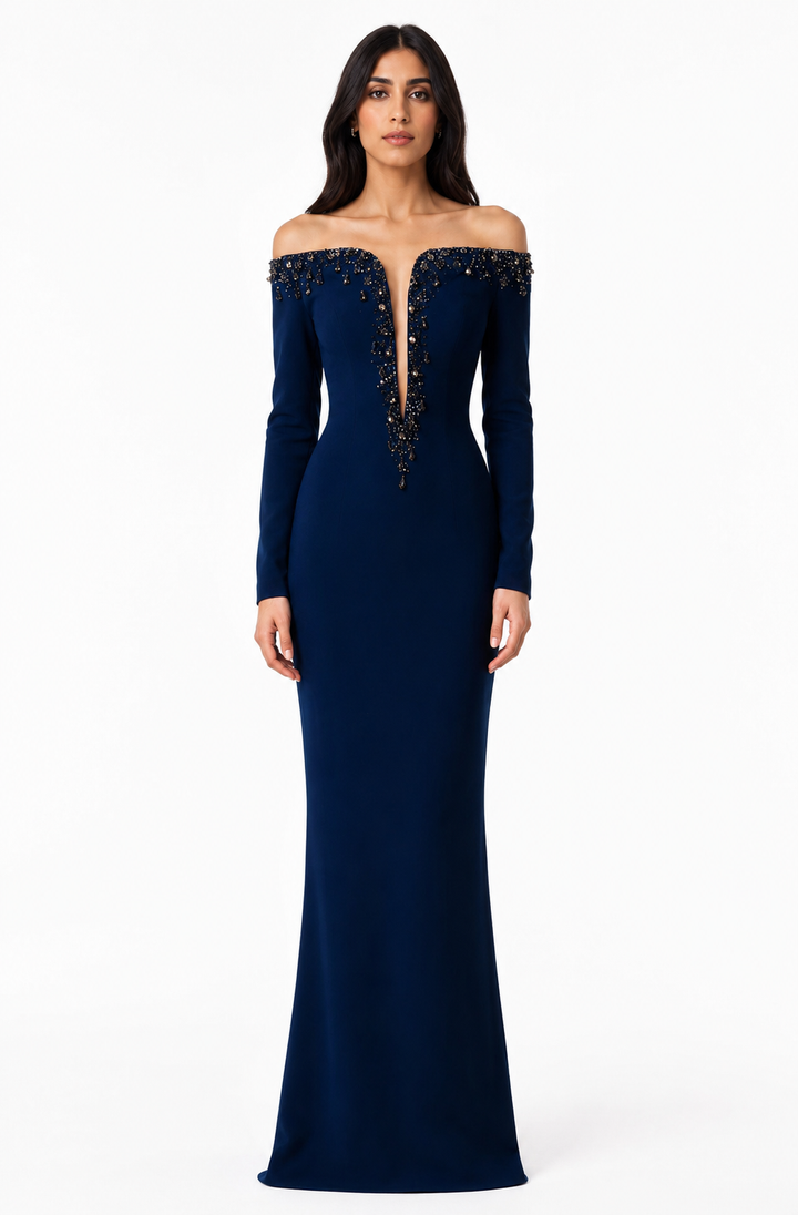off-shoulder column gown with embellished plunge neckline – CELRA