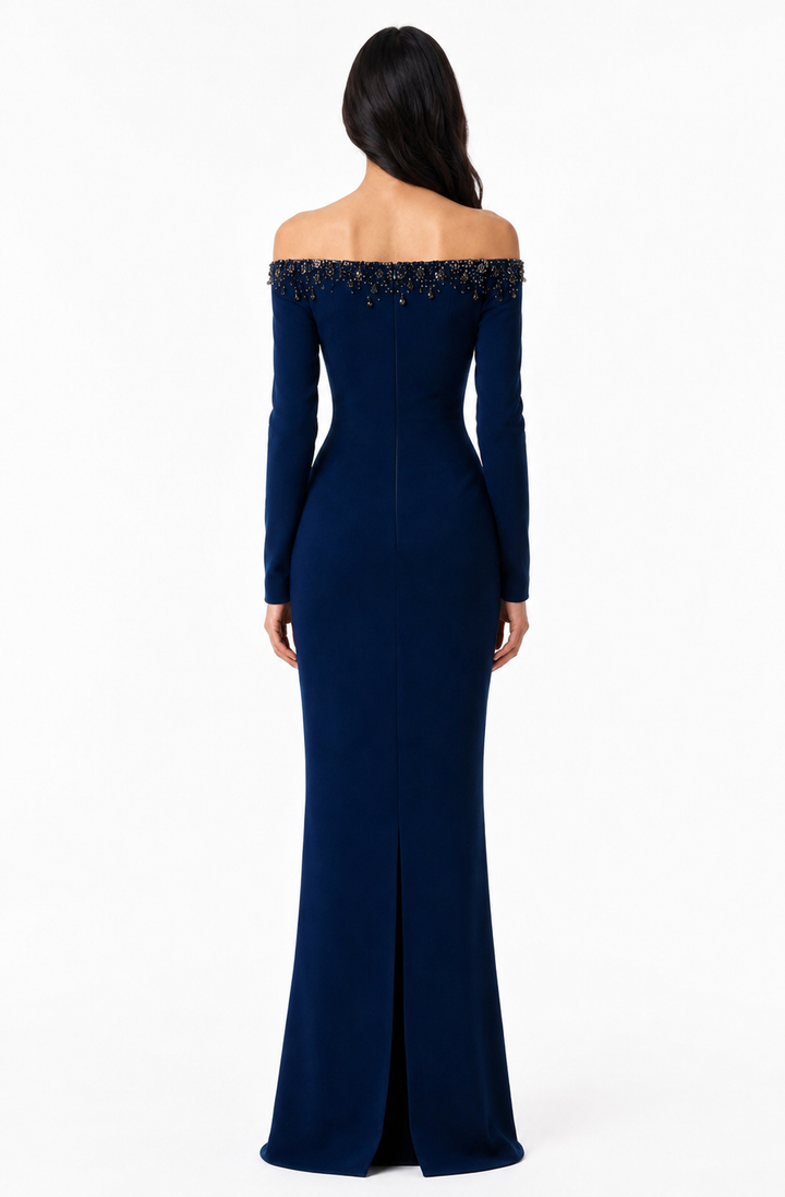 off-shoulder column gown with embellished plunge neckline – CELRA