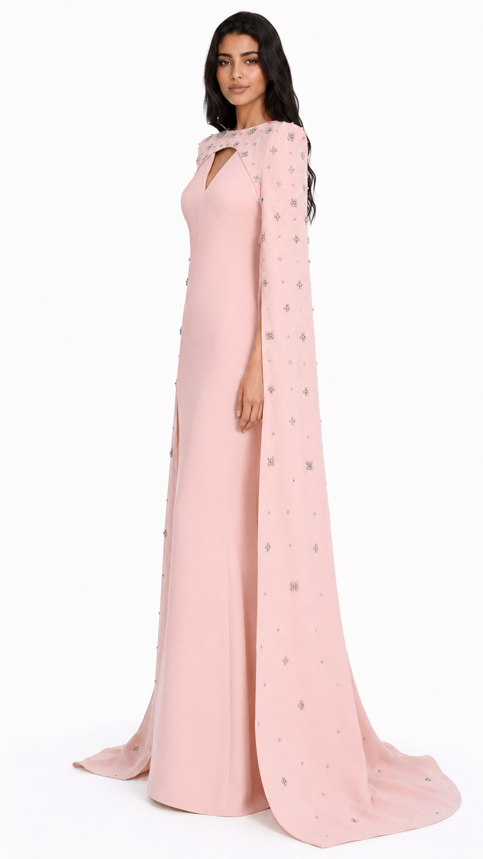 Column dress with open neckline and crystal embellished cape - Barbars