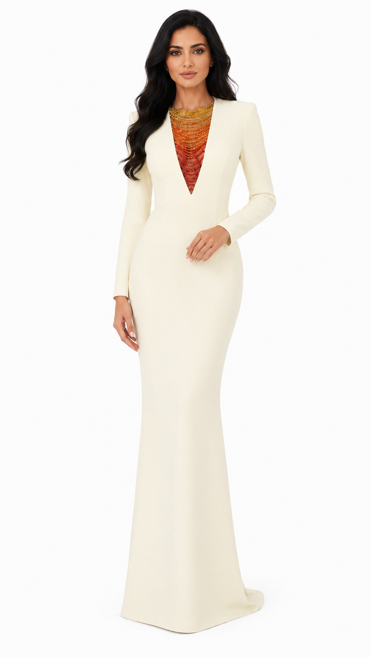 long-sleeve column dress with ombré sequin illusion panel – SOLANA