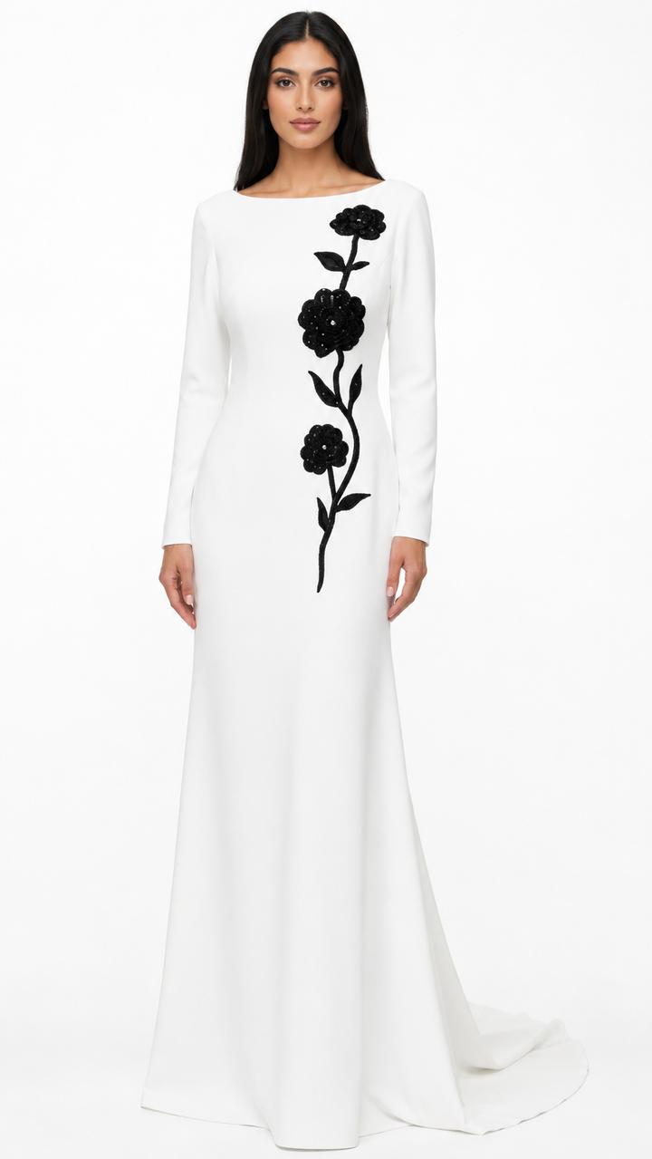 long-sleeve ivory gown with black floral embroidery – VIVIANE
