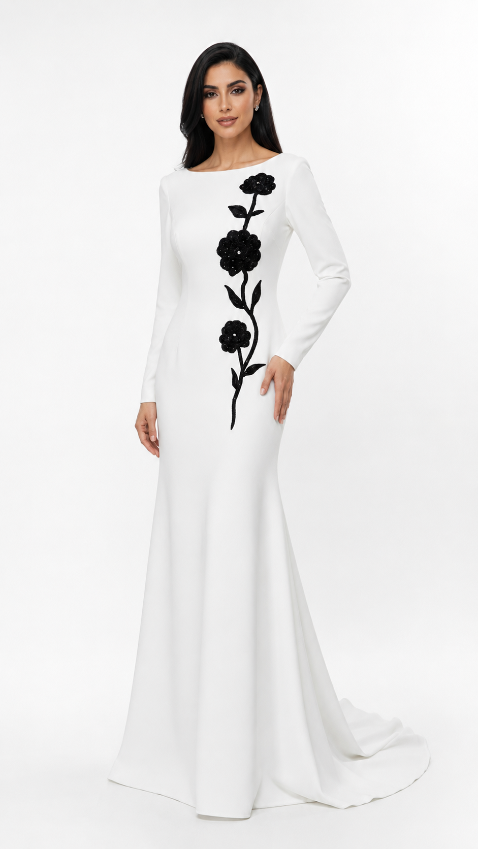 long-sleeve ivory gown with black floral embroidery – VIVIANE