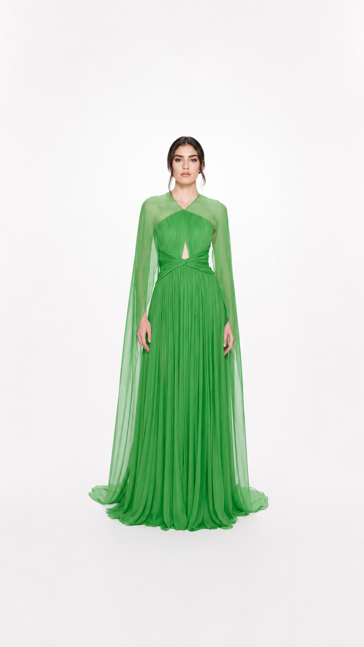 Emerald Pleated Cape Sleeve Evening Gown – CELESTE