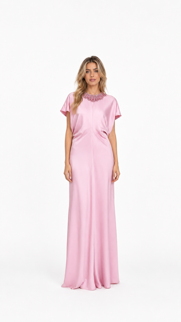 Blush Pink Embellished Neck Maxi Dress – SOLVER
