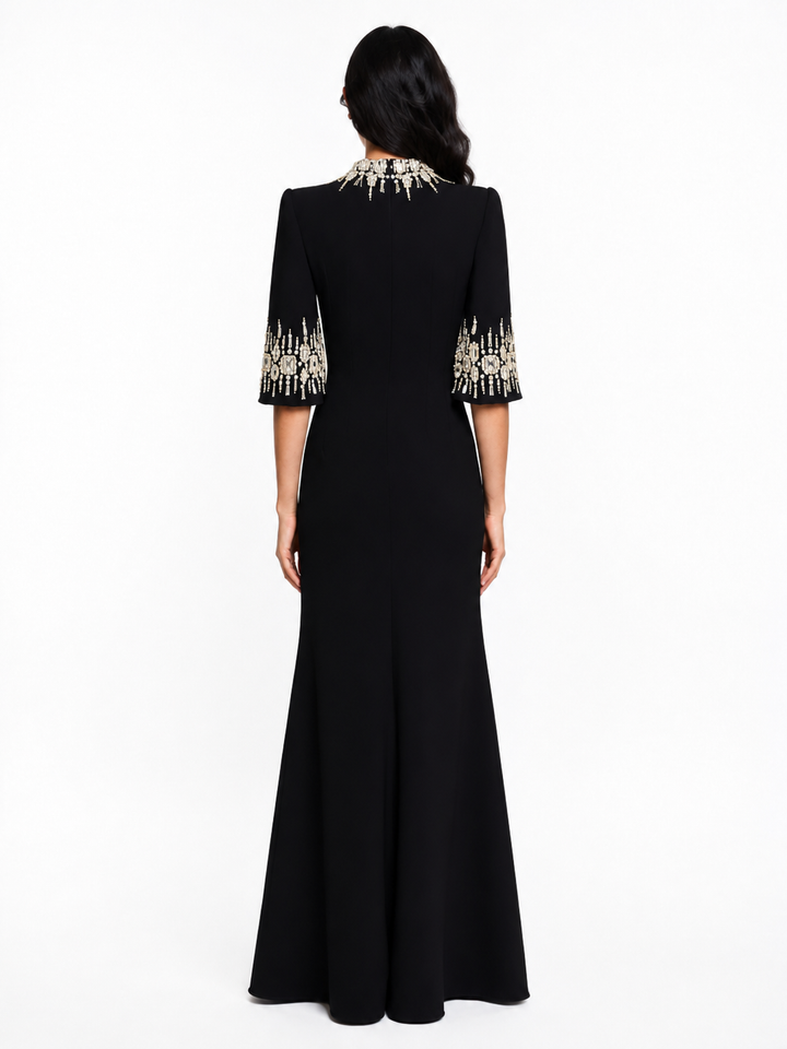 Embellished Neckline and Cuff Column Evening Dress – BLUSH