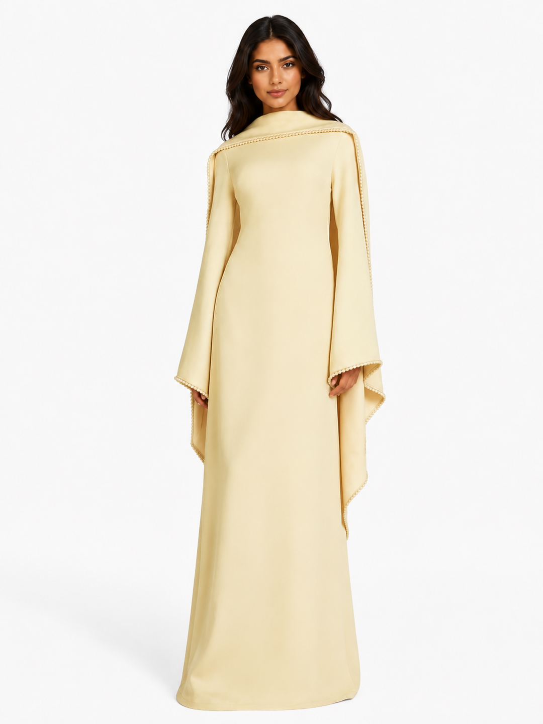 Long-Sleeve Column Dress with Pearl-Trimmed Cape Detail – SAGE