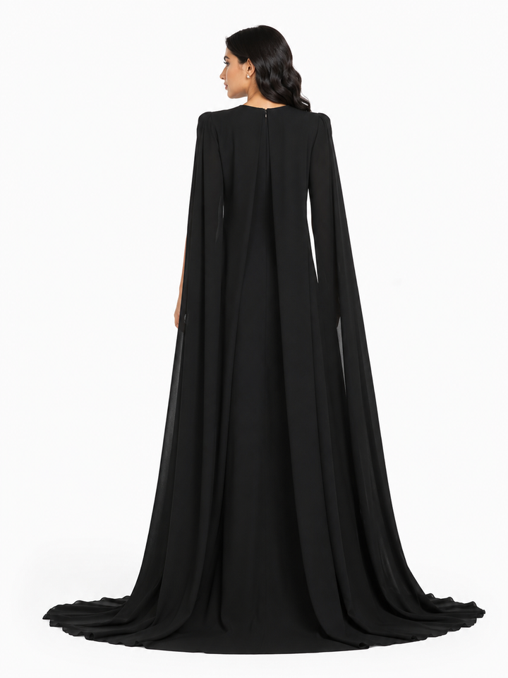 square-neck column gown with floor-length cape – Tiamat