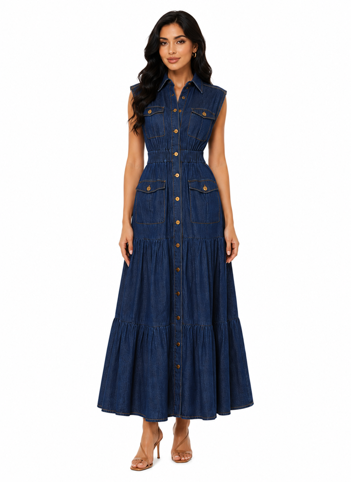 sleeveless denim maxi dress with tiered skirt – Adalinda