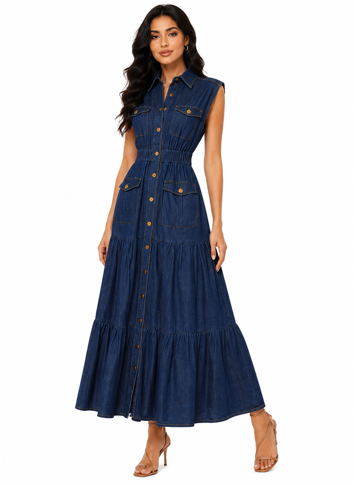 sleeveless denim maxi dress with tiered skirt – Adalinda –