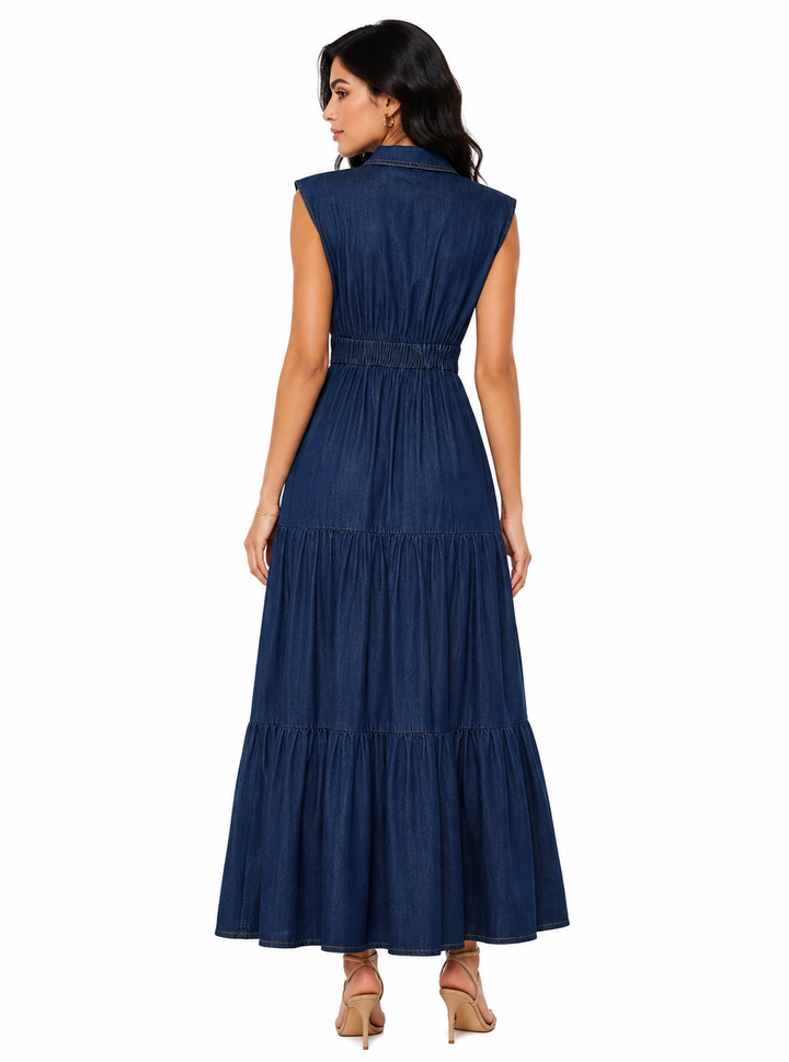 sleeveless denim maxi dress with tiered skirt – Adalinda