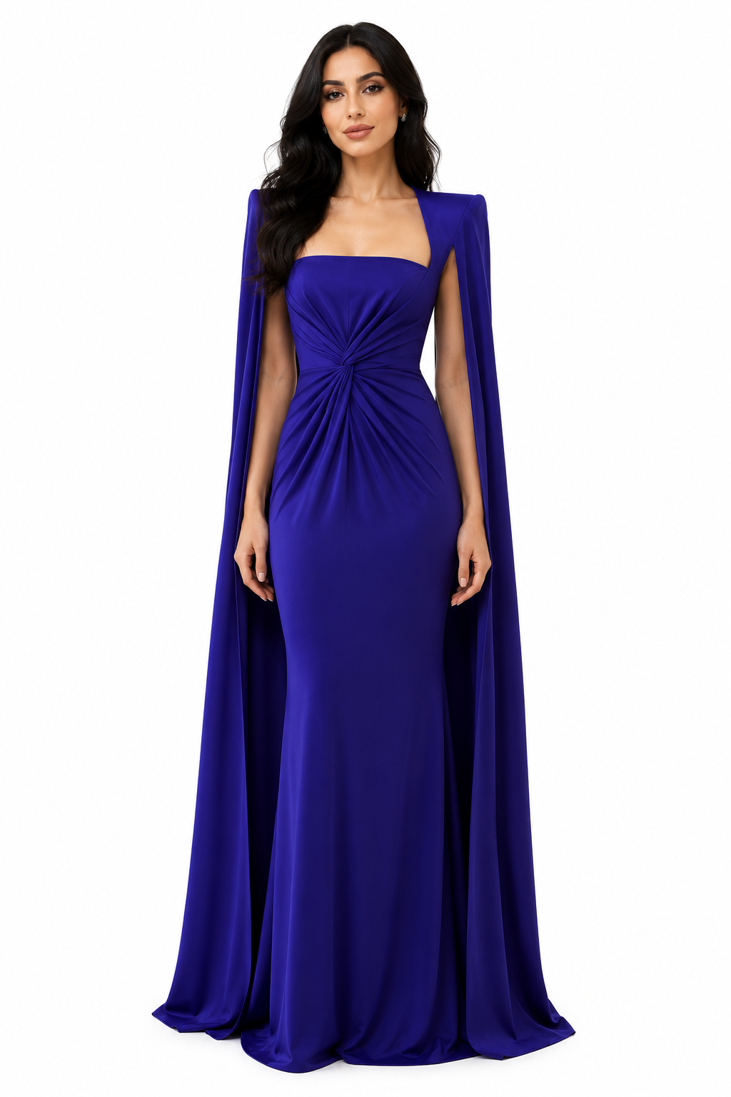 square-neck gown with ruched waist and floor-length cape – Thuraya