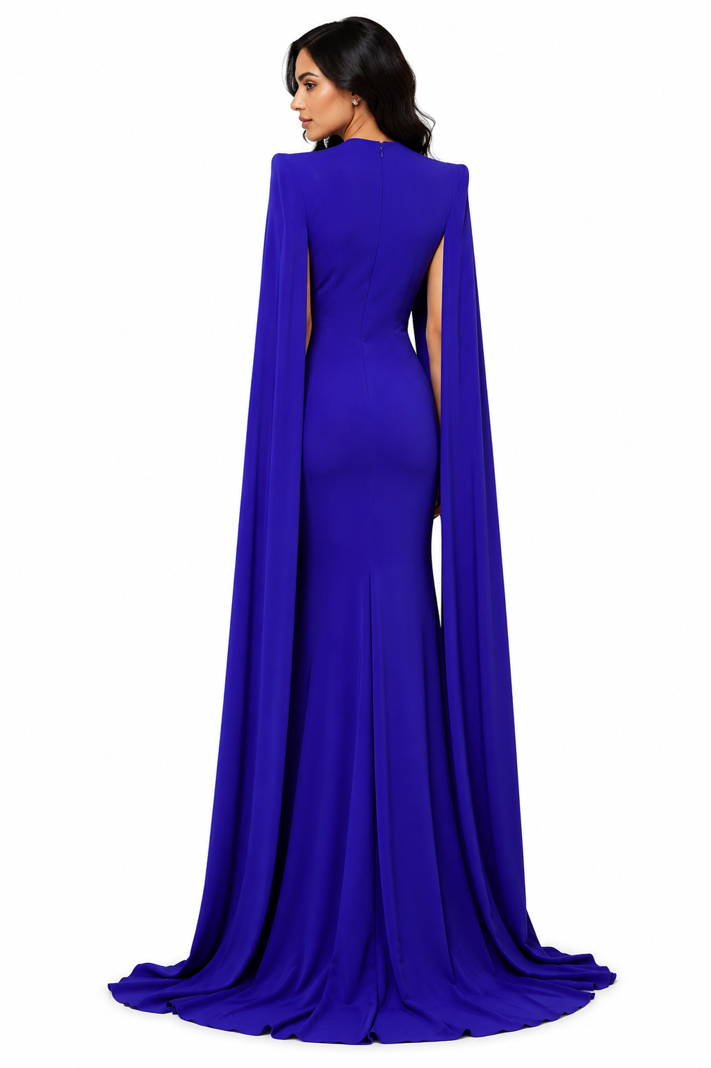 square-neck gown with ruched waist and floor-length cape – Thuraya