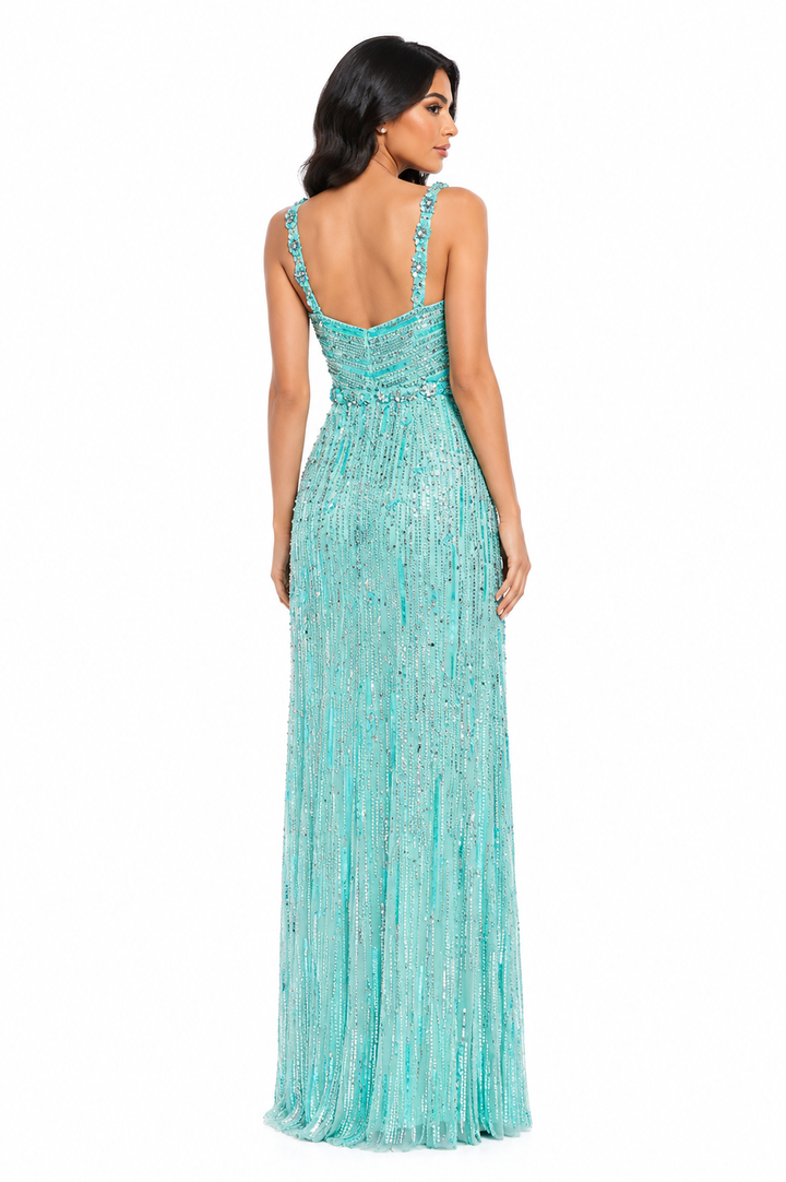 sleeveless sequin column dress with crystal waist – AQUA