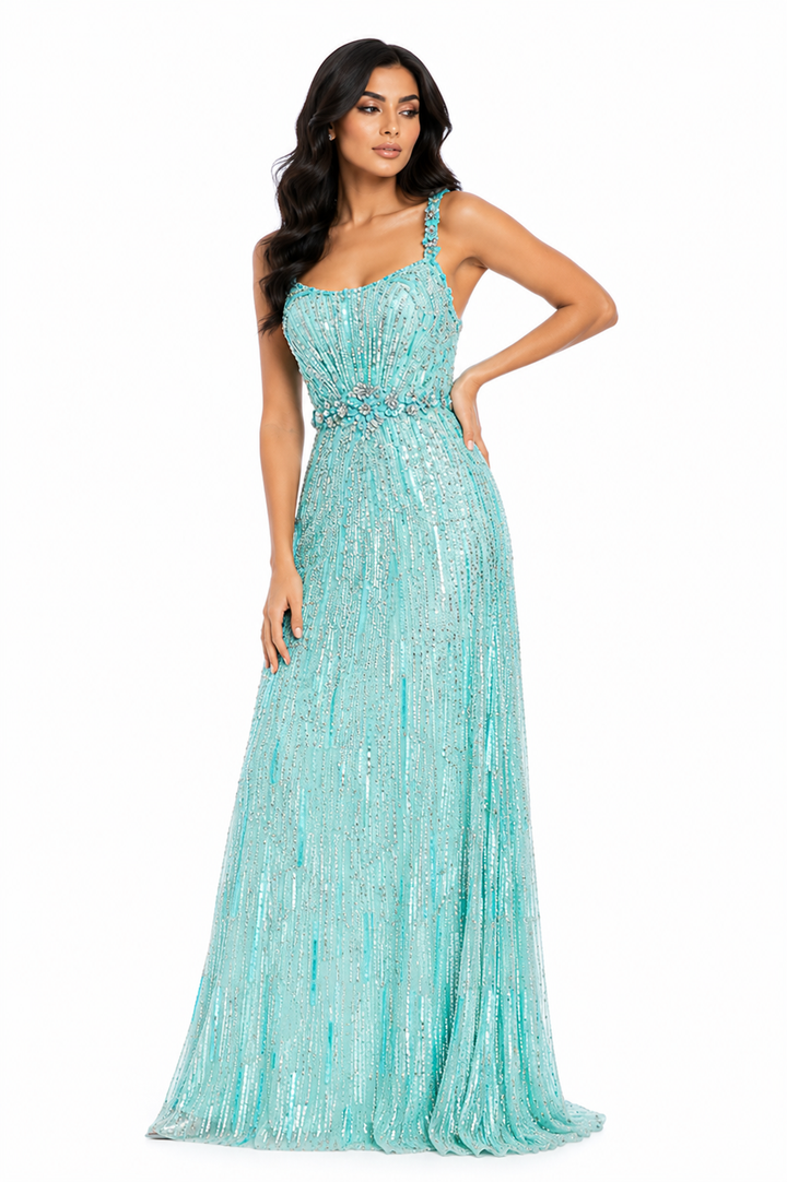 sleeveless sequin column dress with crystal waist – AQUA