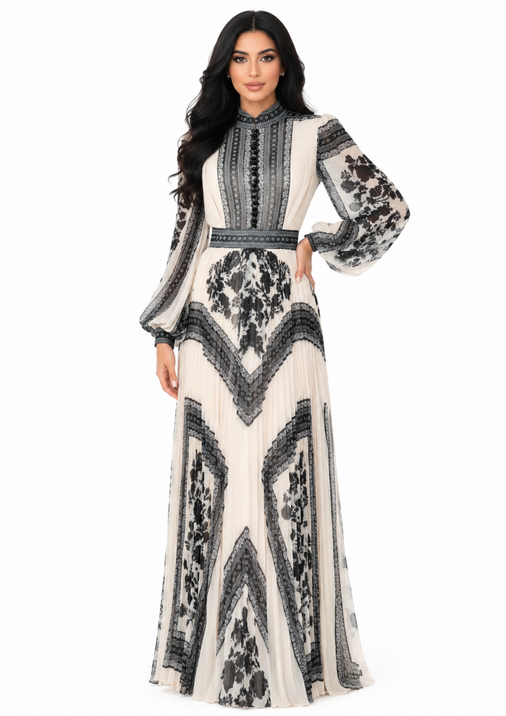 printed pleated gown with high neck and bishop sleeves – ISOLDE