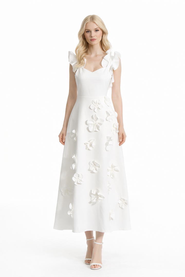 ruffle sleeve floral appliqué midi dress – PETAL