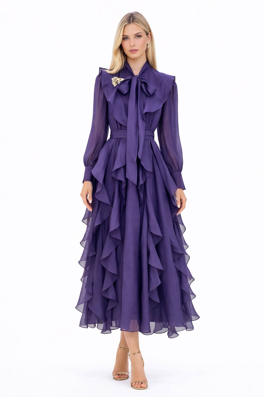 bow-tie chiffon ruffle maxi dress – ROYM