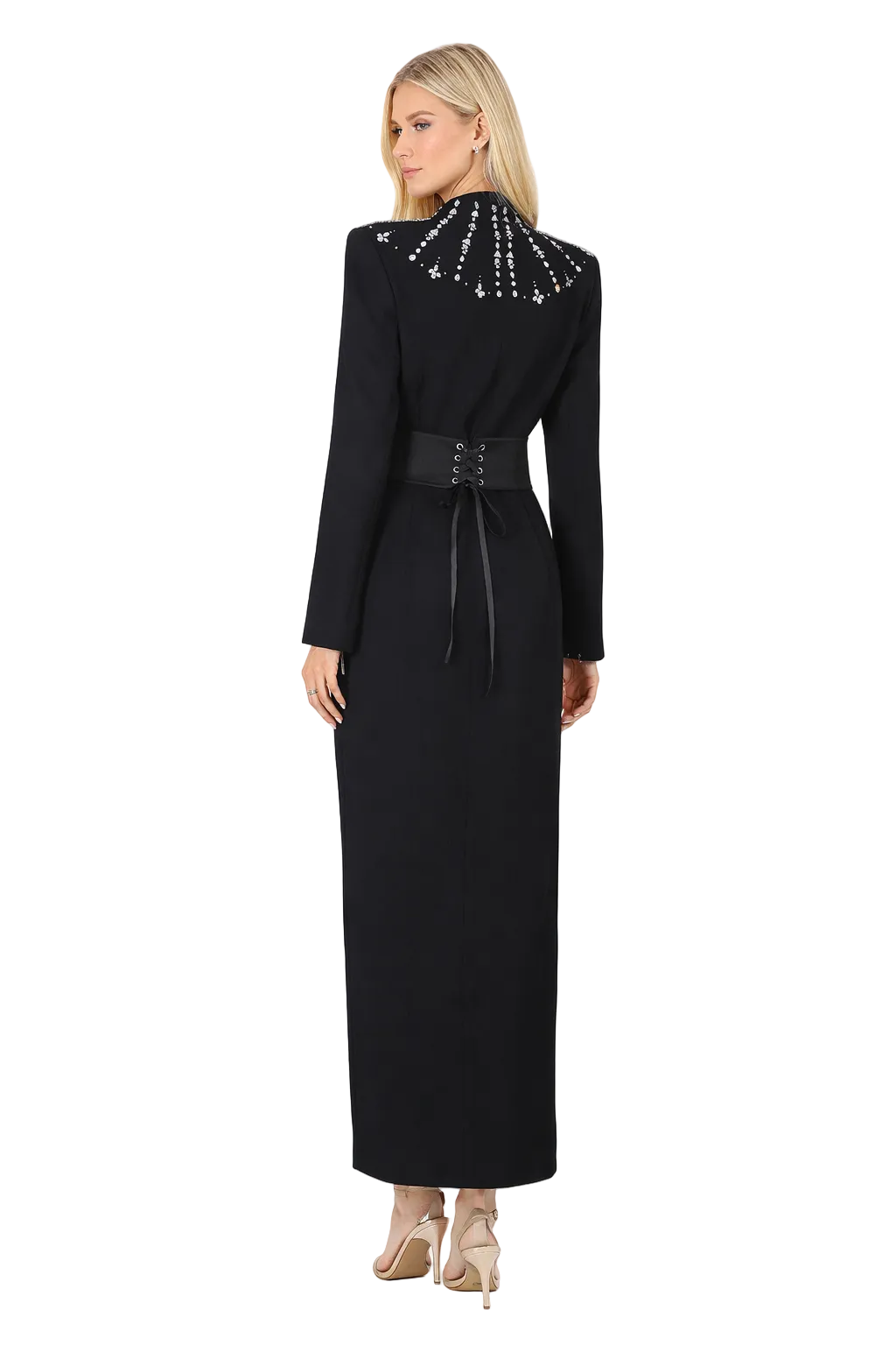 embellished collar belted slit maxi dress – STAR