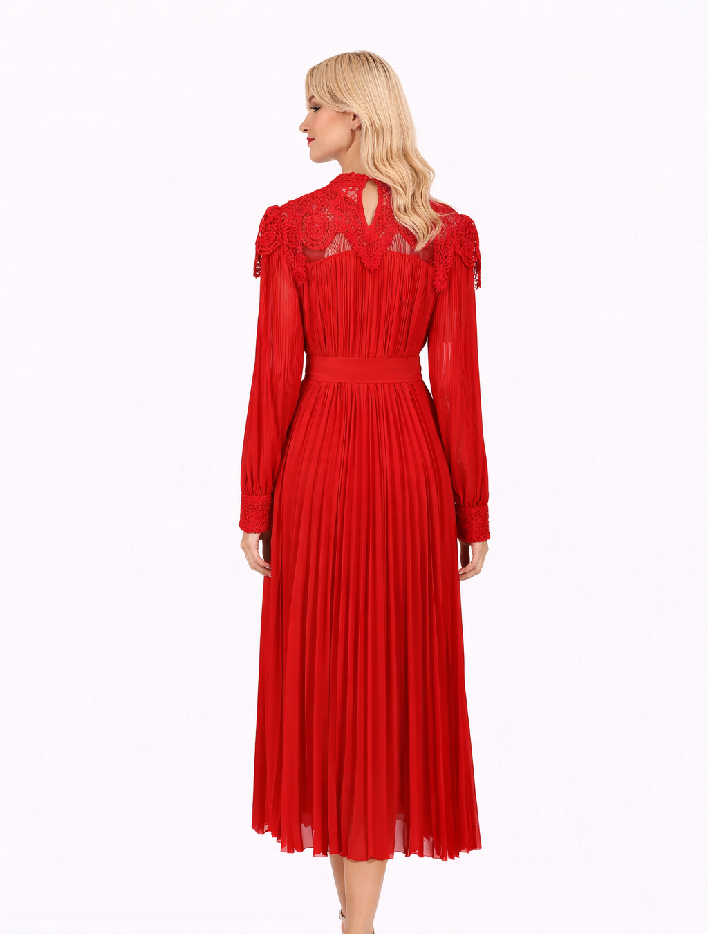 lace high-neck pleated midi dress with waist tie – SCACE