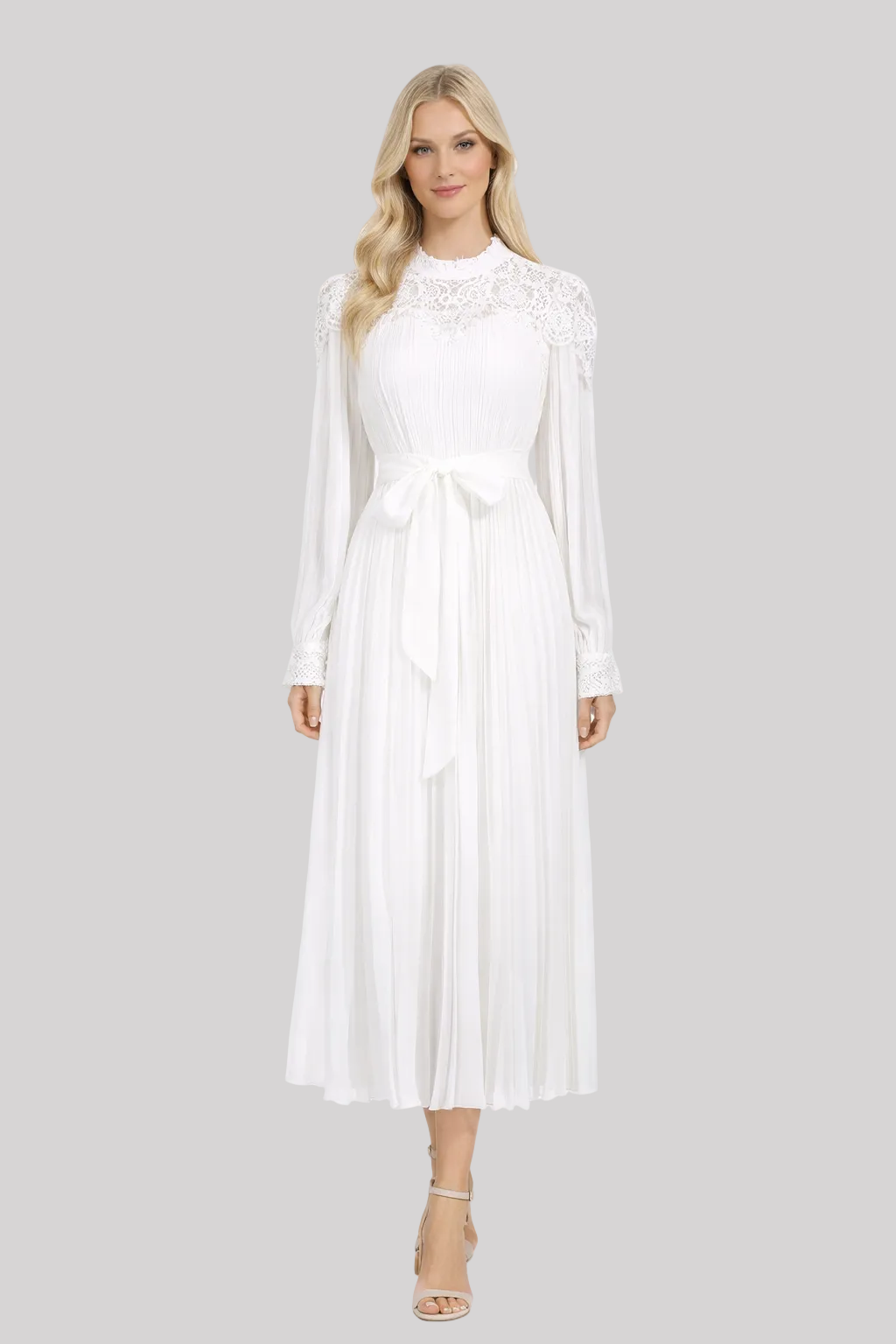 lace high-neck pleated midi dress with waist tie – SCACE