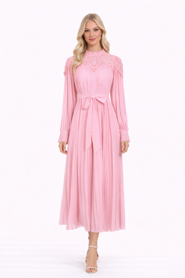 lace high-neck pleated midi dress with waist tie – SCACE