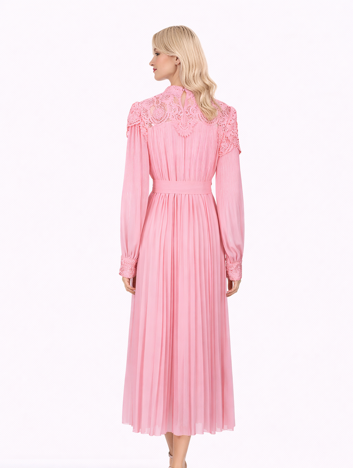 lace high-neck pleated midi dress with waist tie – SCACE