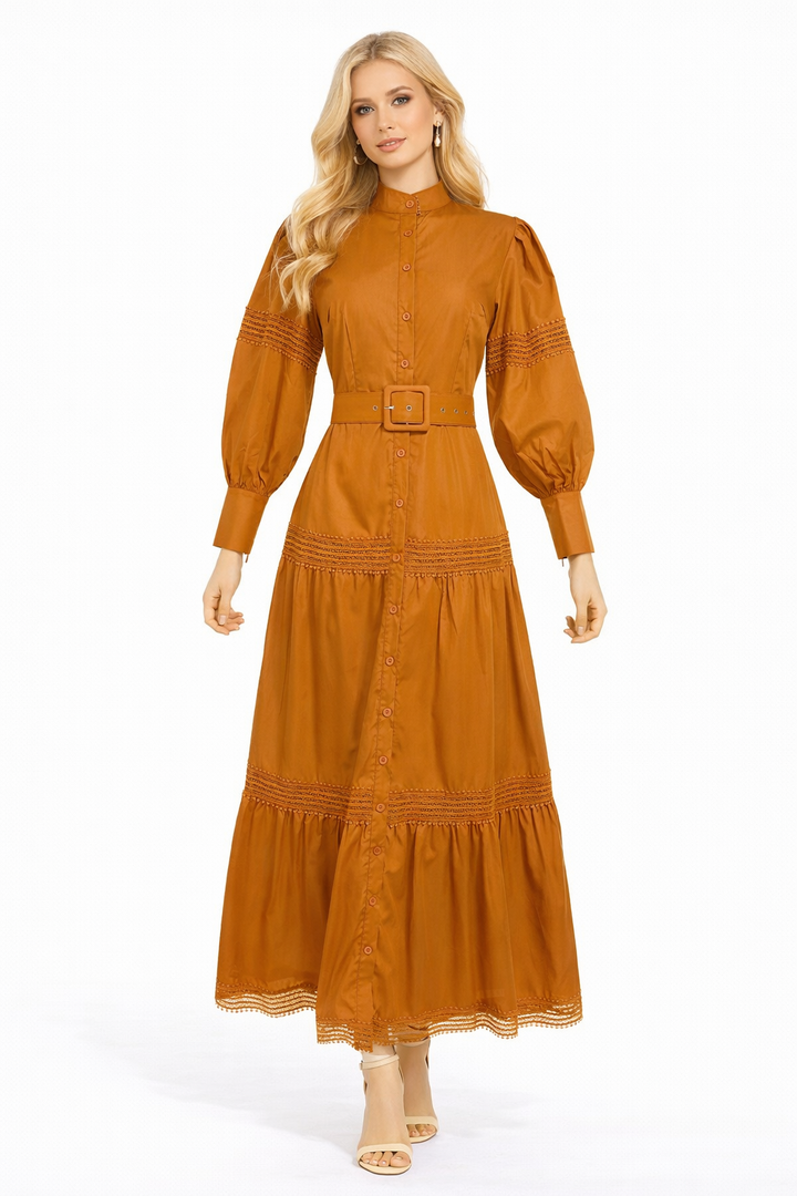 belted button-front puff sleeve maxi dress – SAFFRO