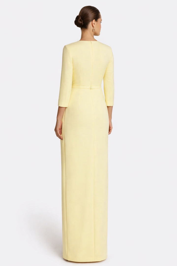 three-quarter sleeve column dress with crystal trim slit – LEMON
