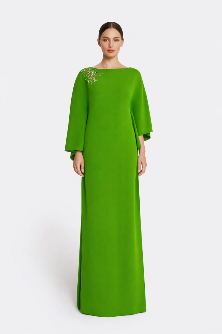 wide sleeve column dress with crystal shoulder detail – EMERALD