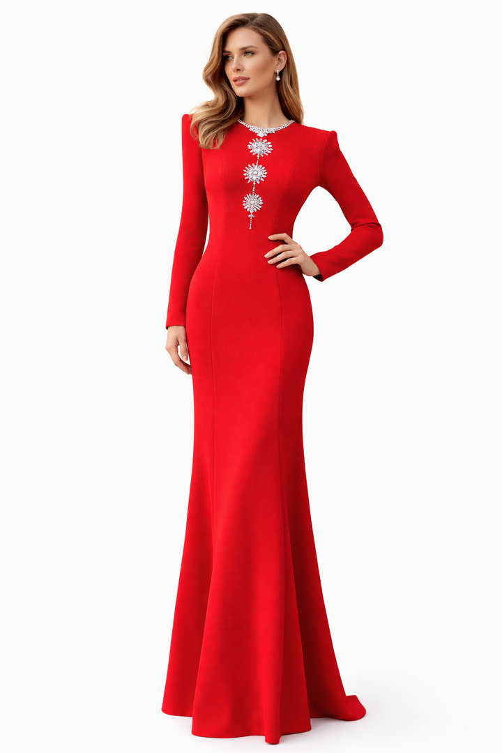 long sleeve column gown with crystal statement neckline – EMPRESS