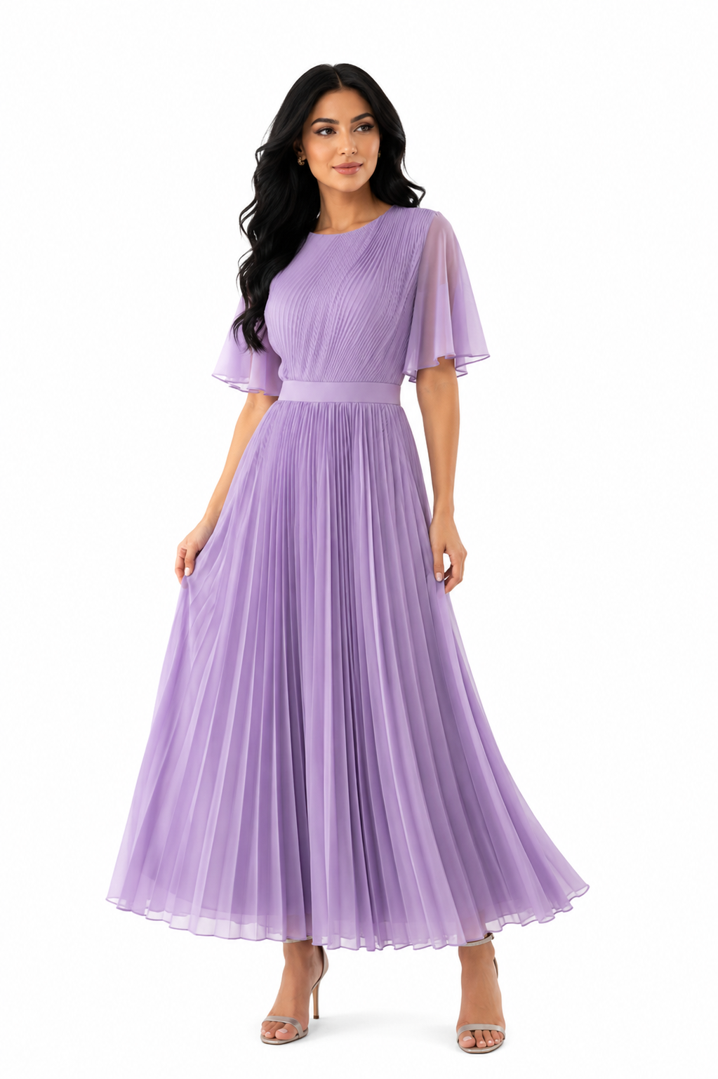 Pleated chiffon maxi dress with flutter sleeves – LILAC –