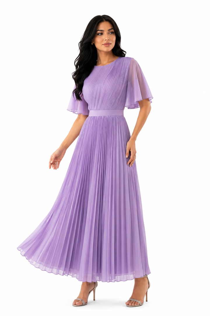 Pleated chiffon maxi dress with flutter sleeves – LILAC