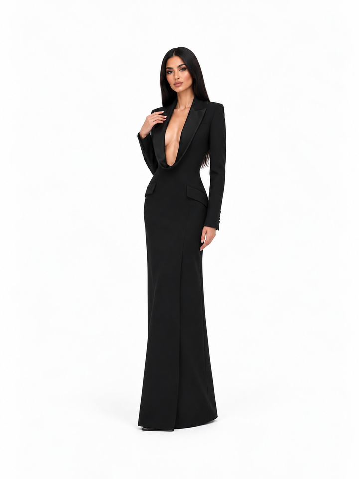 Deep V Tuxedo Maxi Dress - Valentina