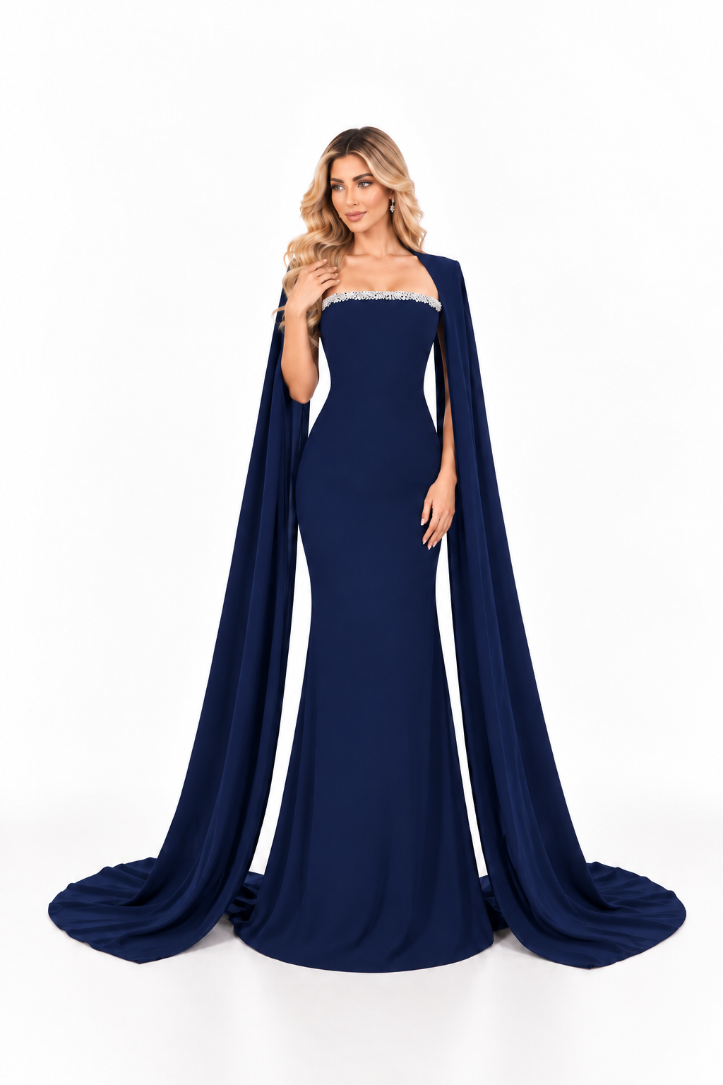 Crystal Cape Mermaid Gown - Midnight