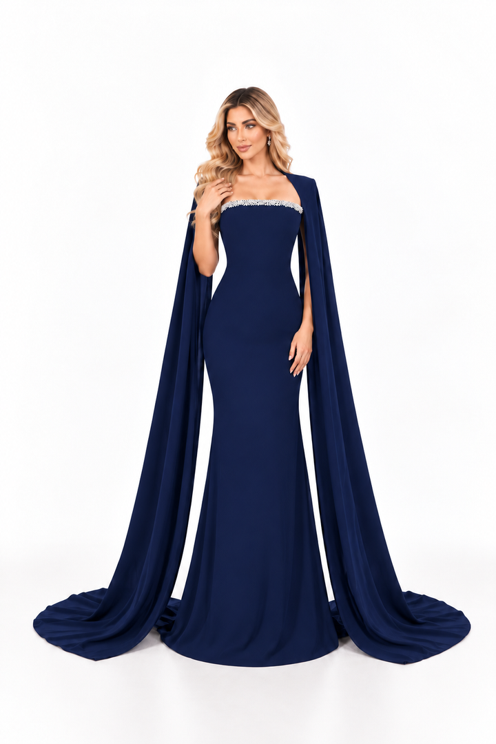 Crystal Cape Mermaid Gown - Midnight