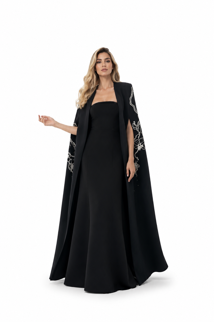 Strapless Column Dress with Embellished Cape - NOIR