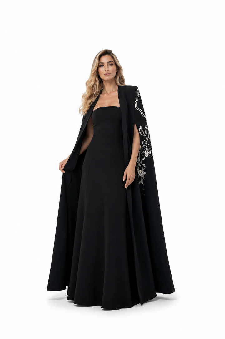 Strapless Column Dress with Embellished Cape - NOIR