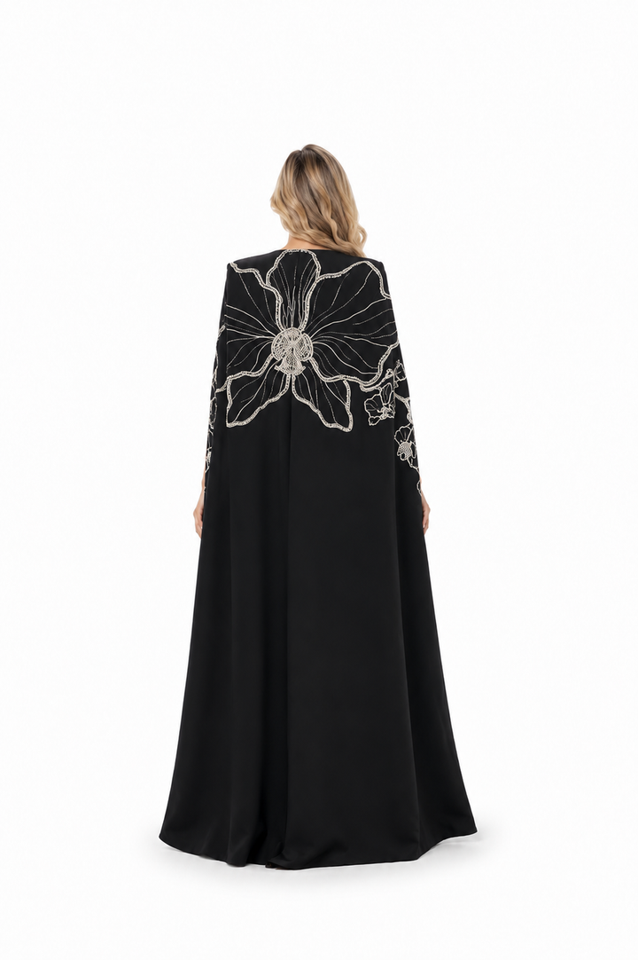 Strapless Column Dress with Embellished Cape - NOIR