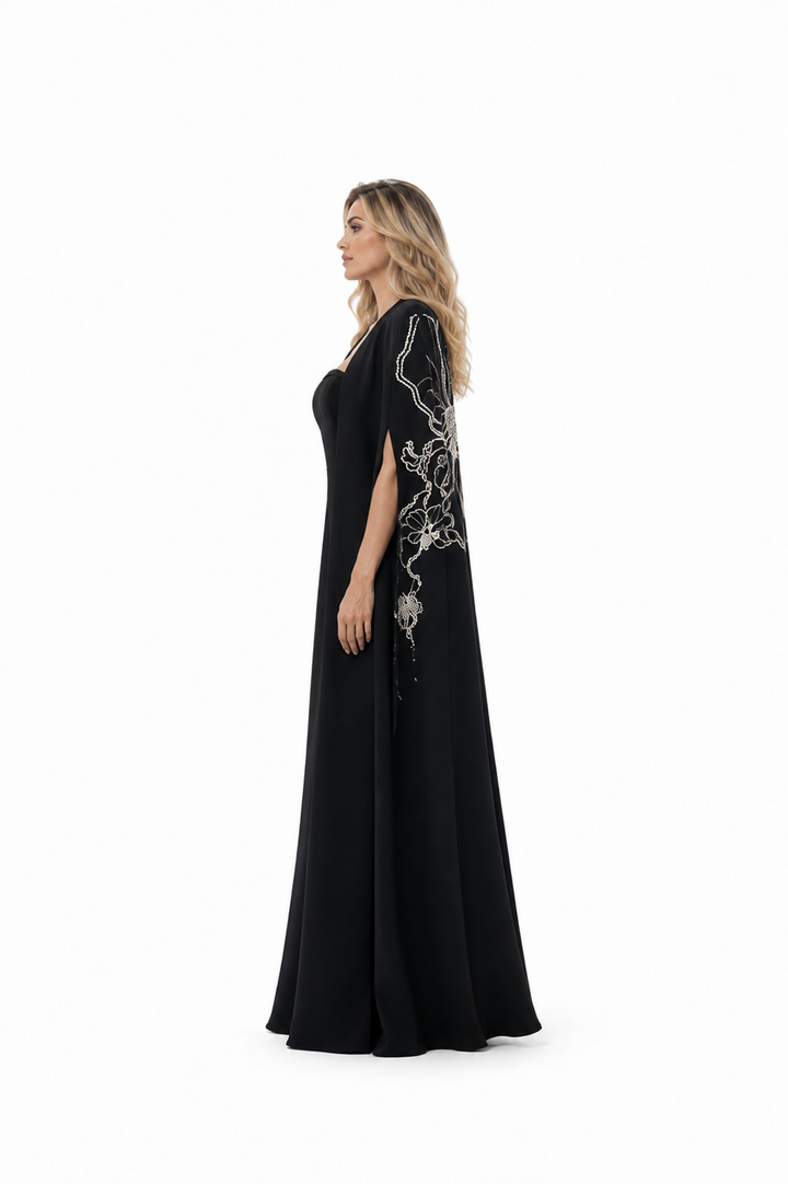 Strapless Column Dress with Embellished Cape - NOIR
