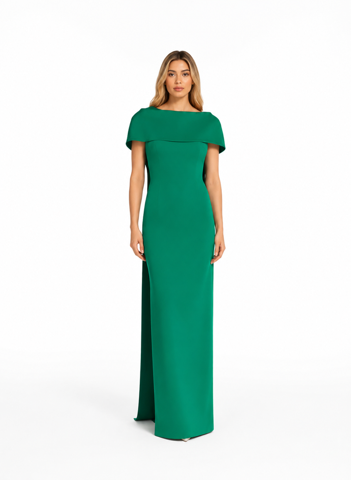 Off-shoulder column gown with draped overlay – Nirven